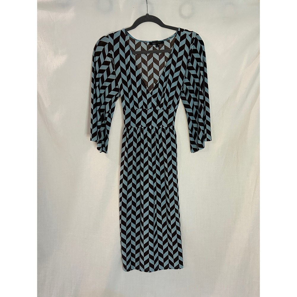 BCBGMAXAZRIA Chevron Print V-Neck Dress Blue Brown Bell Sleeve Size L